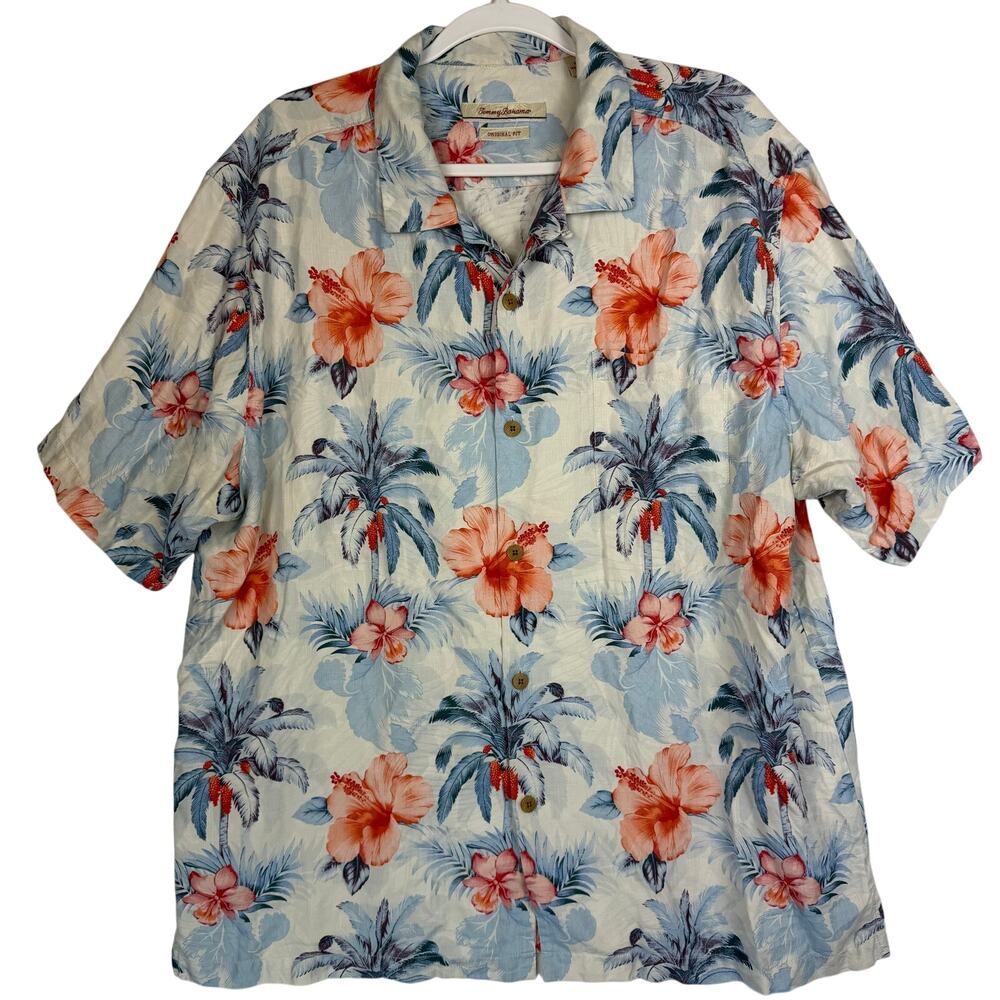 Tommy Bahama Carrera Gardens Camp Shirt Men Size XL Cream Silk Tropical Hawaiian
